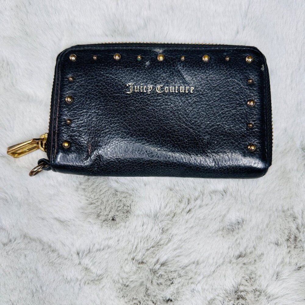 Juicy Couture Black Studded Leather‎ Zip Wallet With Leopard Print Interior